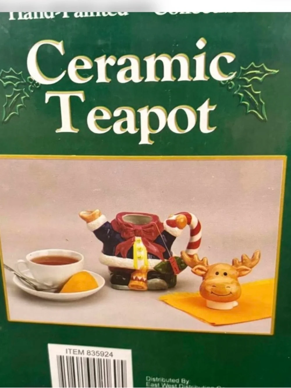 Royal Seasons Hand-Painted Ceramic Reindeer Teapot - Red, Cream, Green - Picture 4 of 6